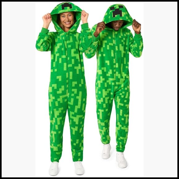Polyester Minecraft Creeper Onesie Pajamas with Hood and Pockets